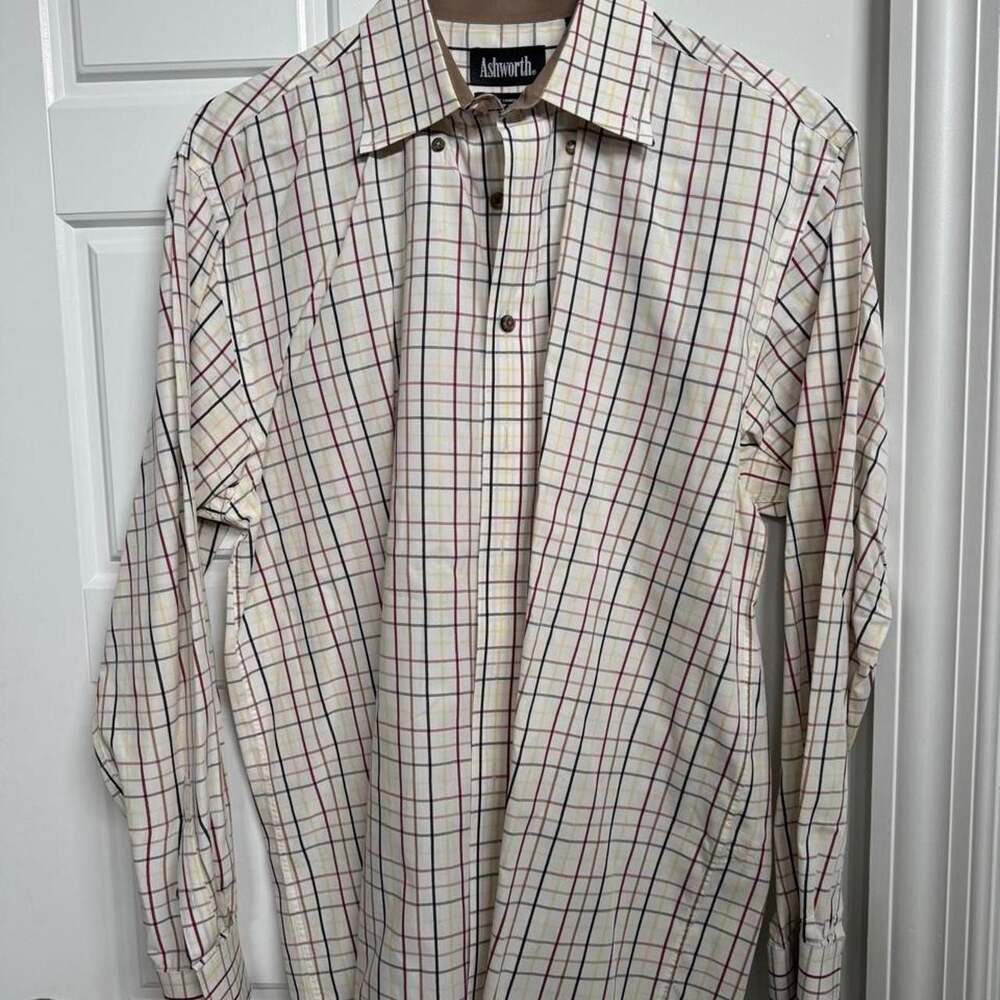 Ashworth Plaid Long Sleeve Button-Up Shirt Cream Brown Size L